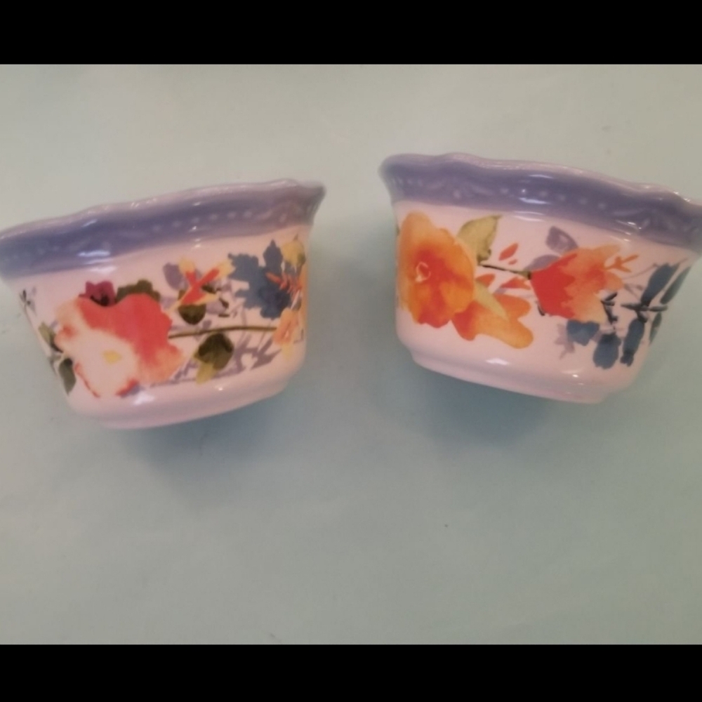 TWO Pioneer Woman Willow Ramekins 4in Stoneware HTF DCd